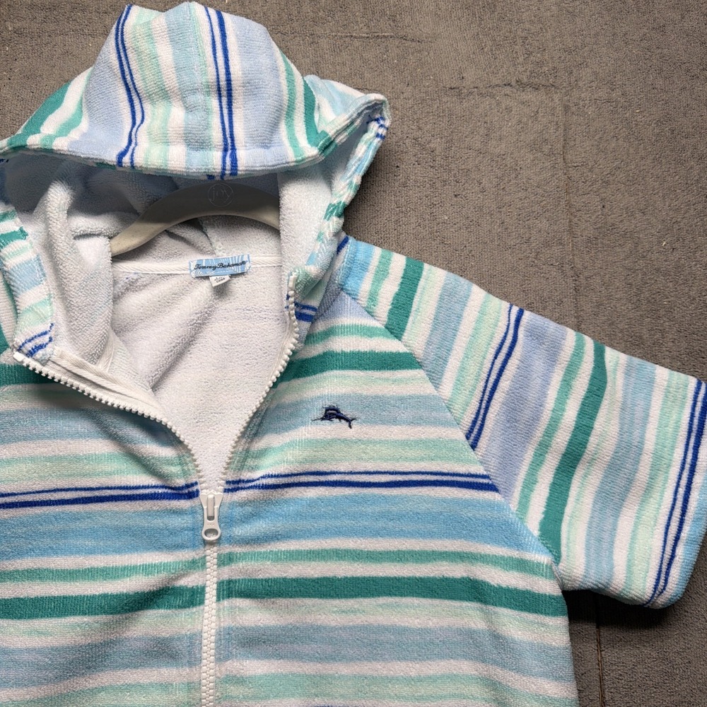 Tommy Bahama Kids Terry Cloth Hooded Swim Cover Up Zip Front Striped‎ L/XL